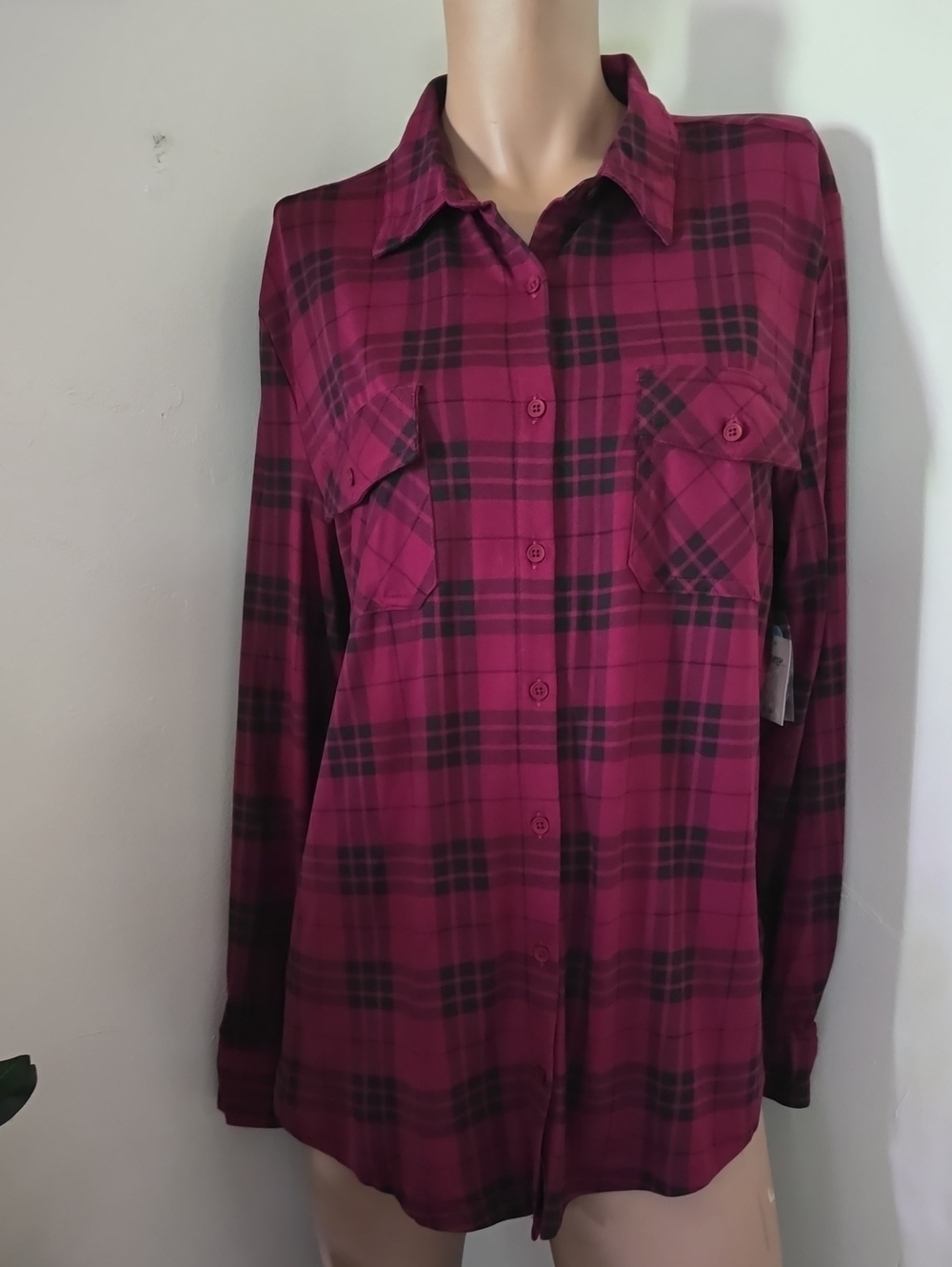 George Raspberry Plaid Button-Down Long Sleeve Shirt Size Medium NWT